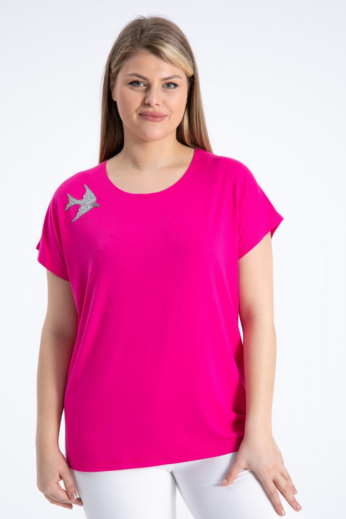 Kadın büyük beden kısa kollu pembe bluz