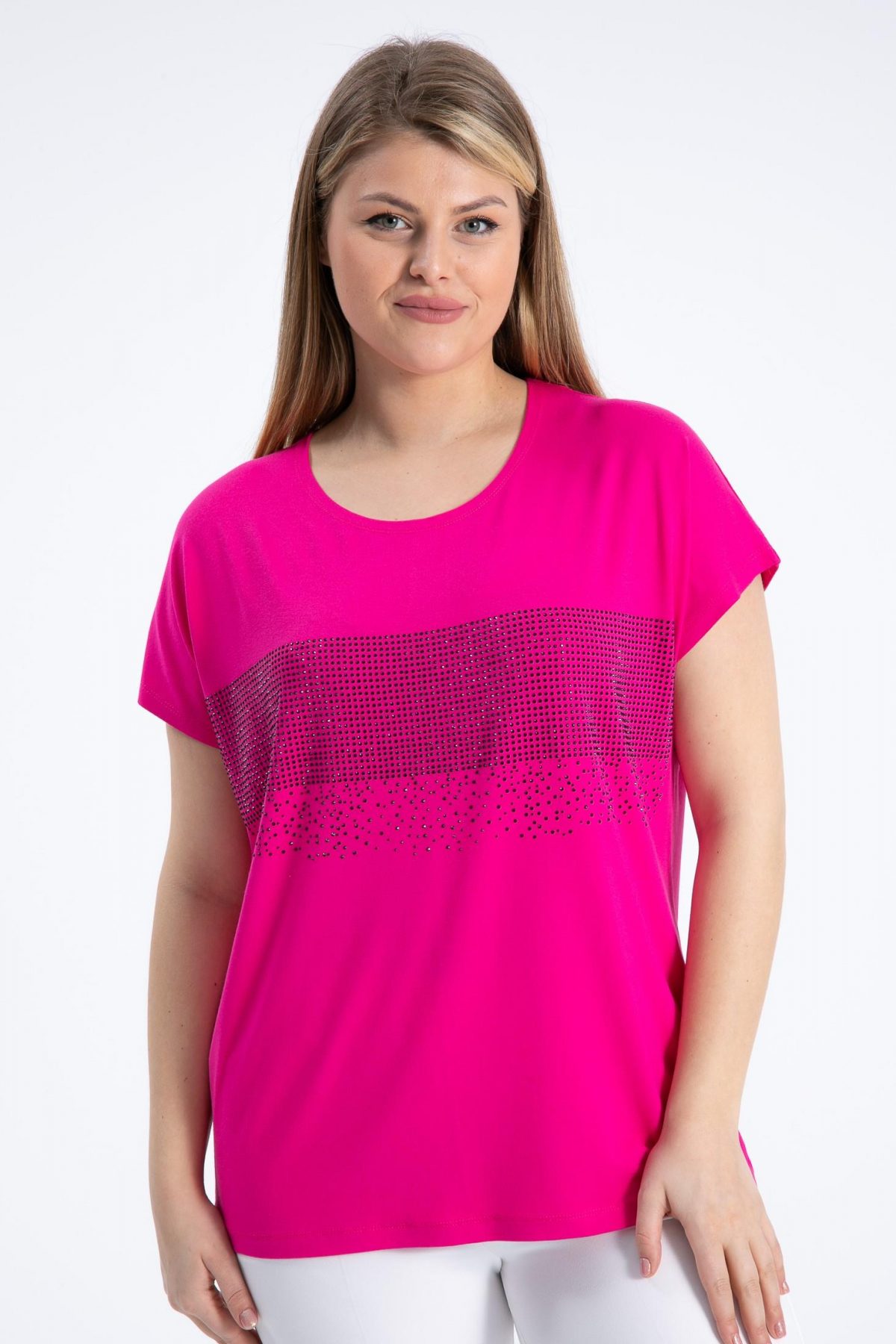 büyük beden kısa kollu pembe bluz modelleri