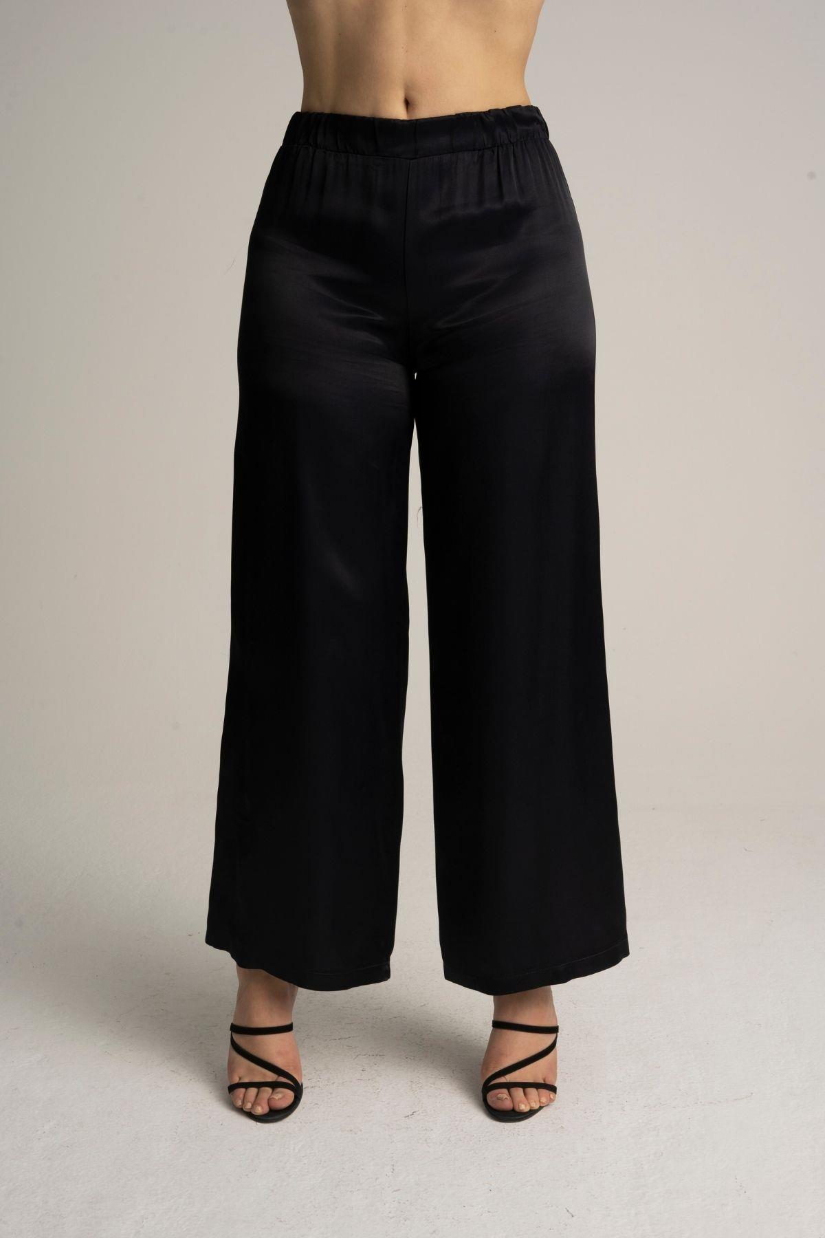 Kadın Büyük Beden Siyah Renk Saten Bol Paça Pantolon