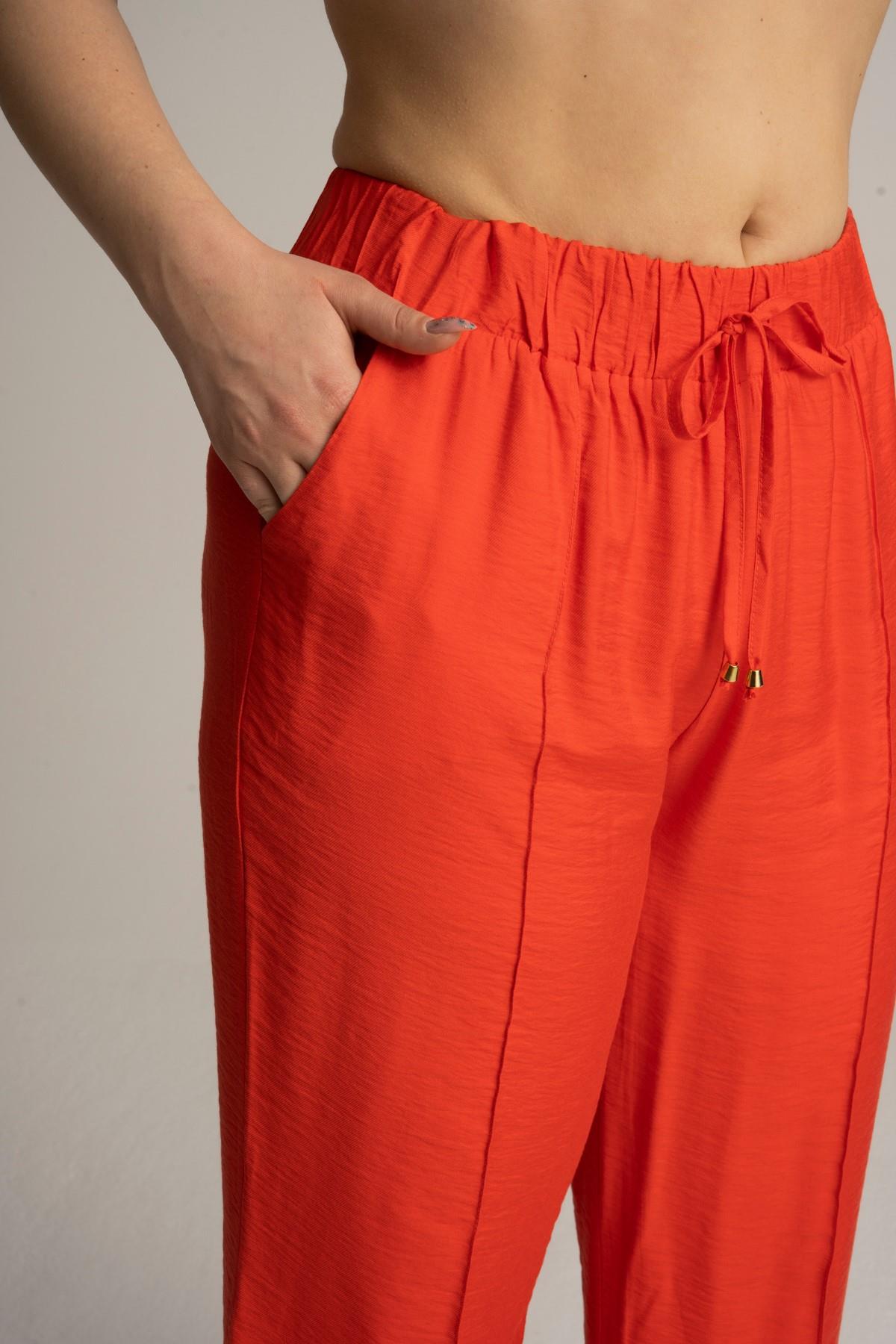 Kadın Büyük Beden Beli Lastikli Bol Paça Salaş Yazlık Nar Çiçeği Renk Pantolon