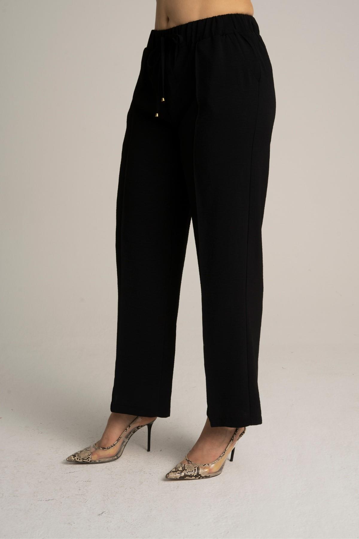 Kadın Büyük Beden Beli Lastikli Bol Paça Salaş Yazlık Siyah Renk Pantolon