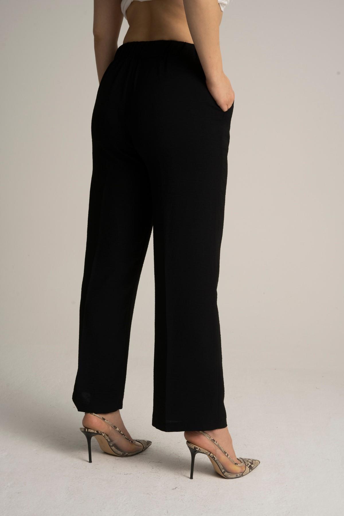 Kadın Büyük Beden Beli Lastikli Bol Paça Salaş Yazlık Siyah Renk Pantolon