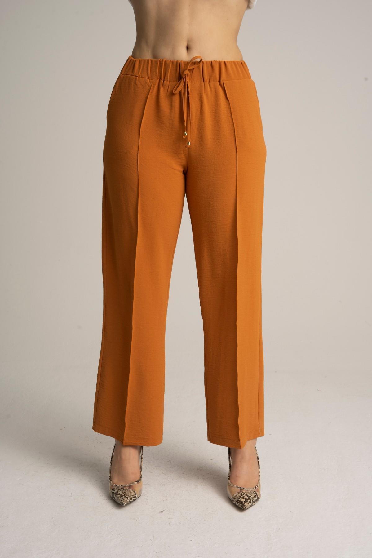 Kadın Büyük Beden Beli Lastikli Bol Paça Salaş Yazlık Tarçın Renk Pantolon