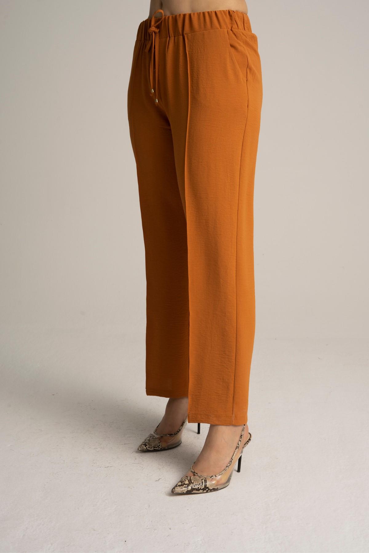 Kadın Büyük Beden Beli Lastikli Bol Paça Salaş Yazlık Tarçın Renk Pantolon