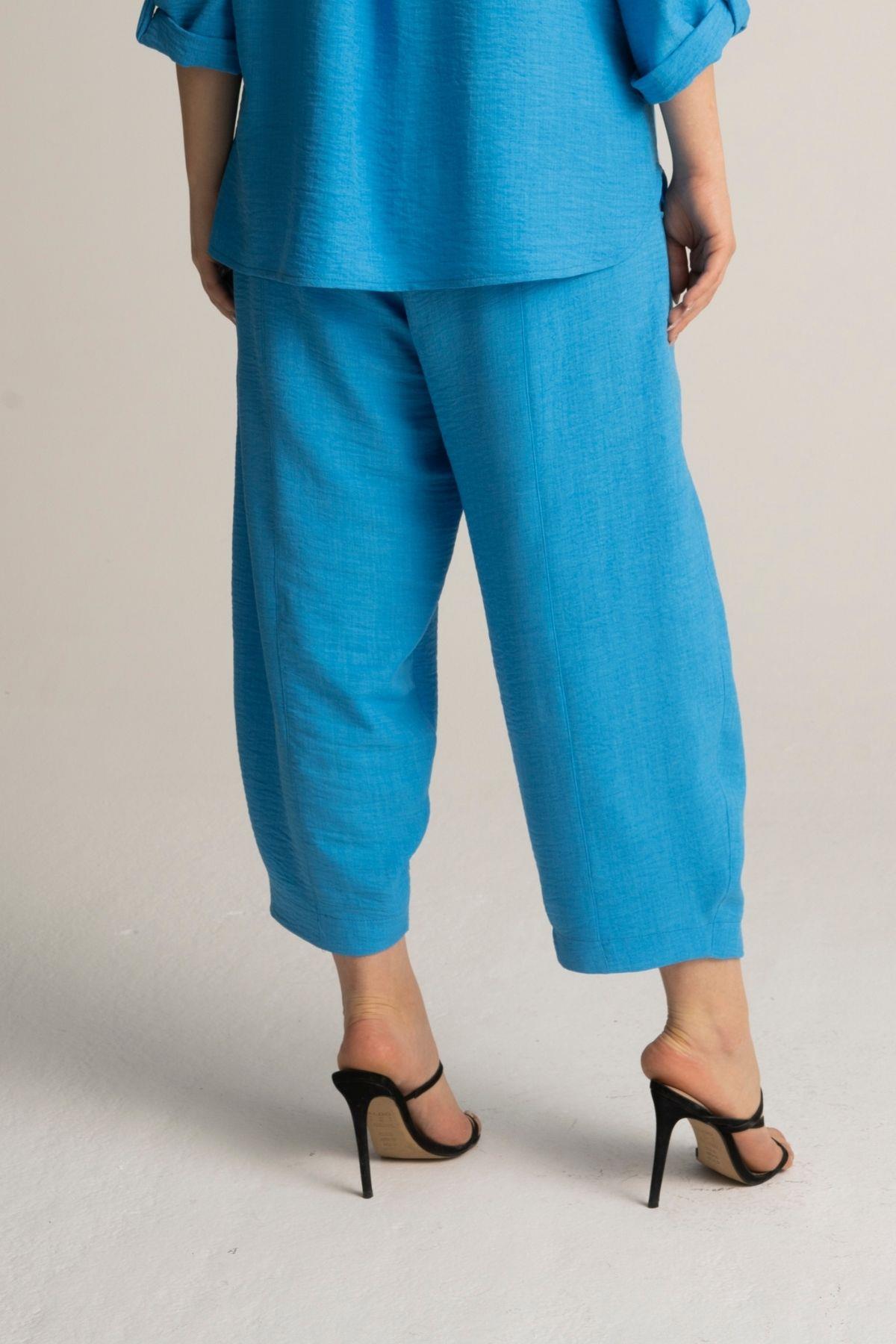 Kadın Mavi Renk Keten Pantolon