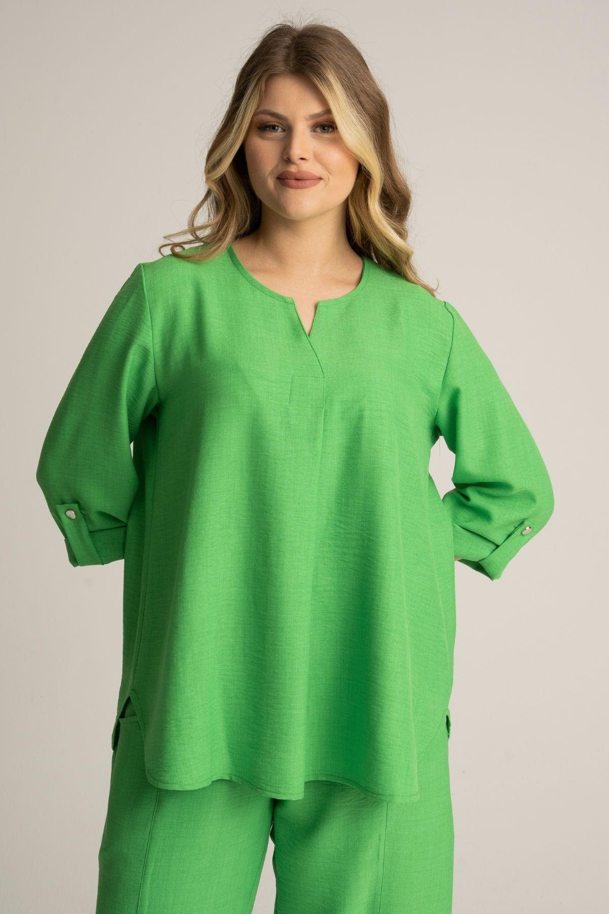 Kadın Büyük Beden Yeşil Keten Bluz