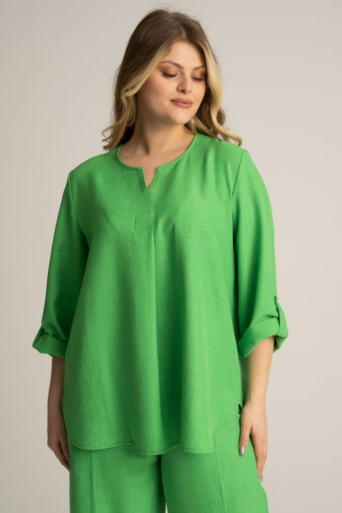 Kadın Büyük Beden Yeşil Keten Bluz