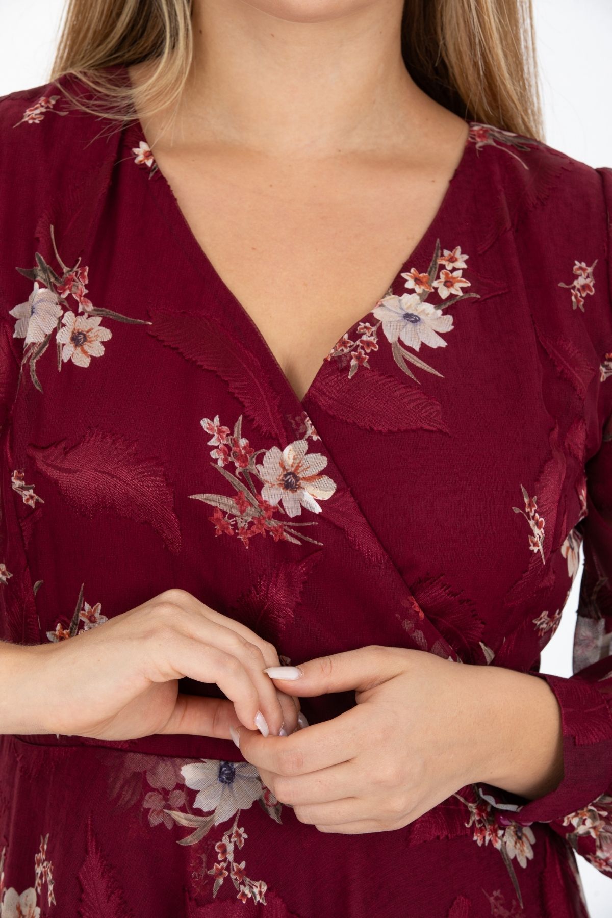 Büyük Beden Kurvaze Yaka Çiçek Desenli Bordo Renk Şifon Elbise