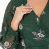 Büyük Beden Kurvaze Yaka Çiçek Desenli Yeşil Renk Şifon Elbise