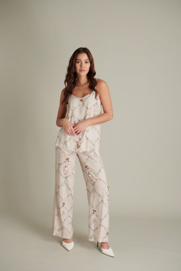 Kadın Beli Lastik Detaylı Çiçek Desenli Vizon Renk %100 Pamuk Pantolon